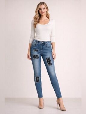 Joseph Ribkoff Patchwork Denim Skinny Jeans with Faux Pearl and Gold Accents